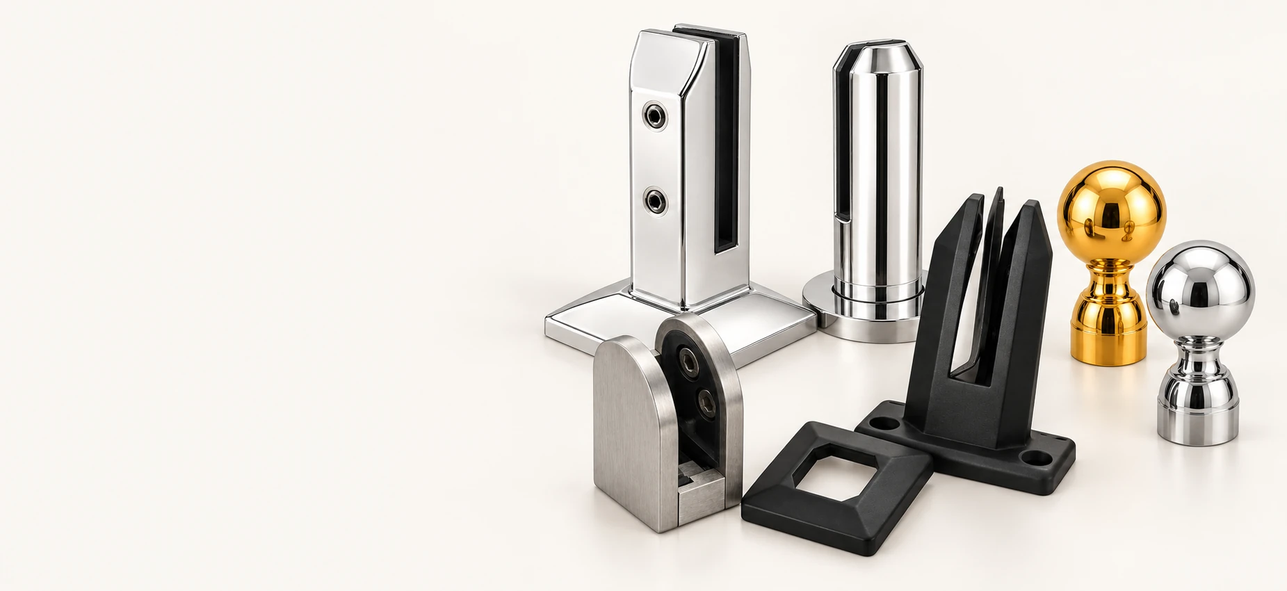Polished silver and matte black glass spigots, a glass clamp, and gold and silver finials